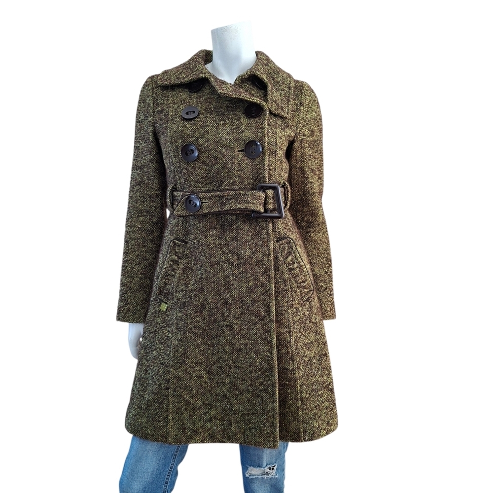 Soia & Kyo wool blend tweed Double Breasted dress coat green & brown Size M - Picture 2 of 15